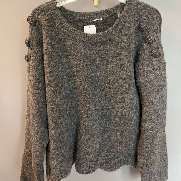 Elie Tahari Charcoal Sweater with Button Accents and Scalloped Hem - Picture 1 of 5